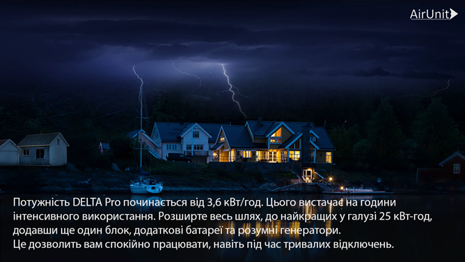 Потужність DELTA Pro починається від 3,6 кВт/год. Цього вистачає на години інтенсивного використання. Розширте весь шлях, до найкращих у галузі 25 кВт-год, додавши ще один блок, додаткові батареї та розумні генератори.  Це дозволить вам спокійно працювати, навіть під час тривалих відключень.